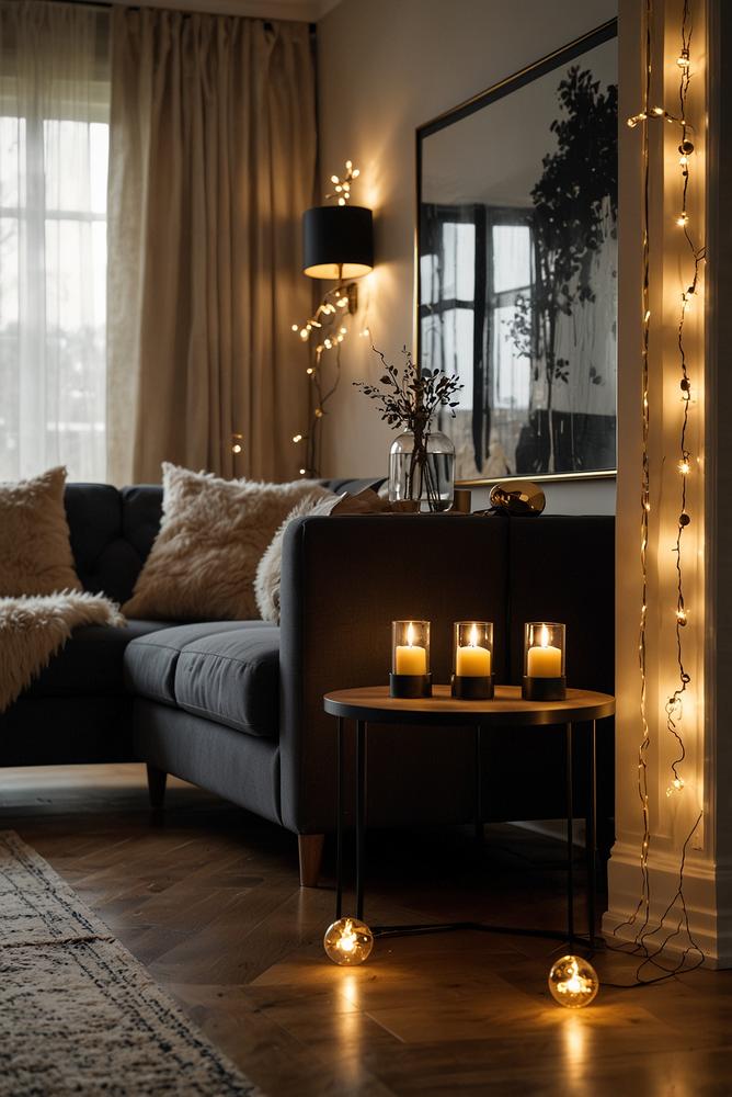 Moderne Weihnachtsbeleuchtung schwarz und gold in einem Raum