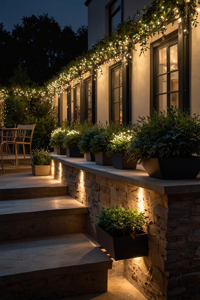 Terrasse mit moderner LED-Weihnachtsbeleuchtung hell und einladend