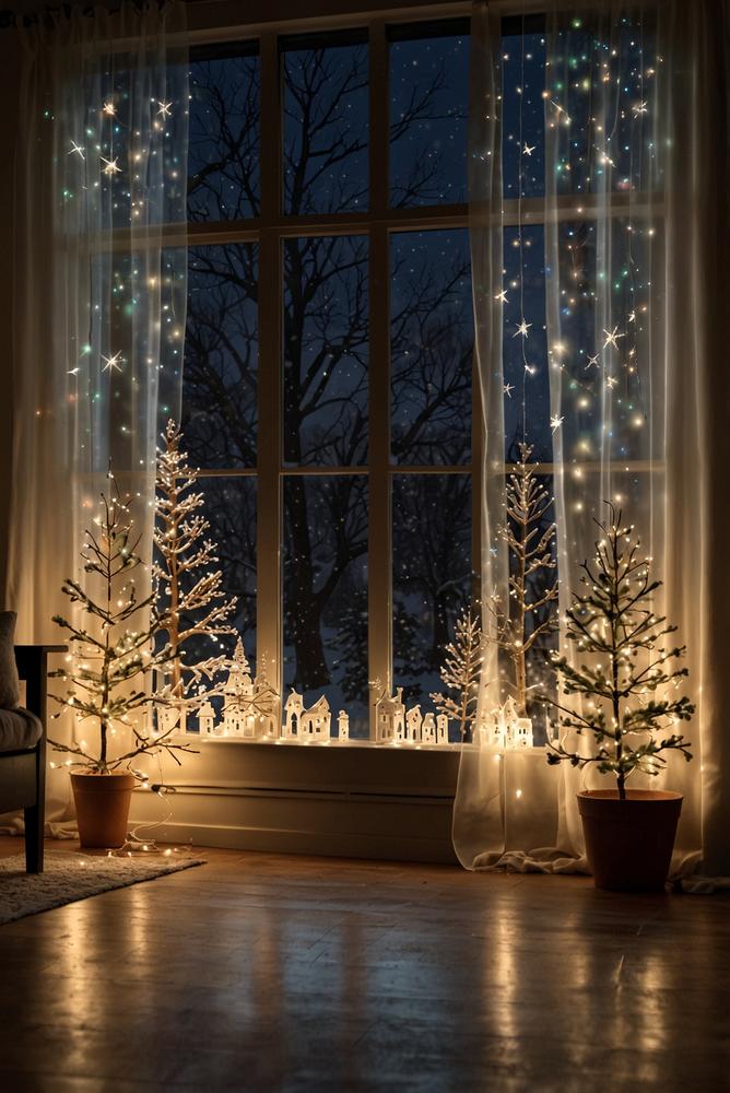 Weihnachtsfenster mit LED-Lichterketten und festlicher Deko