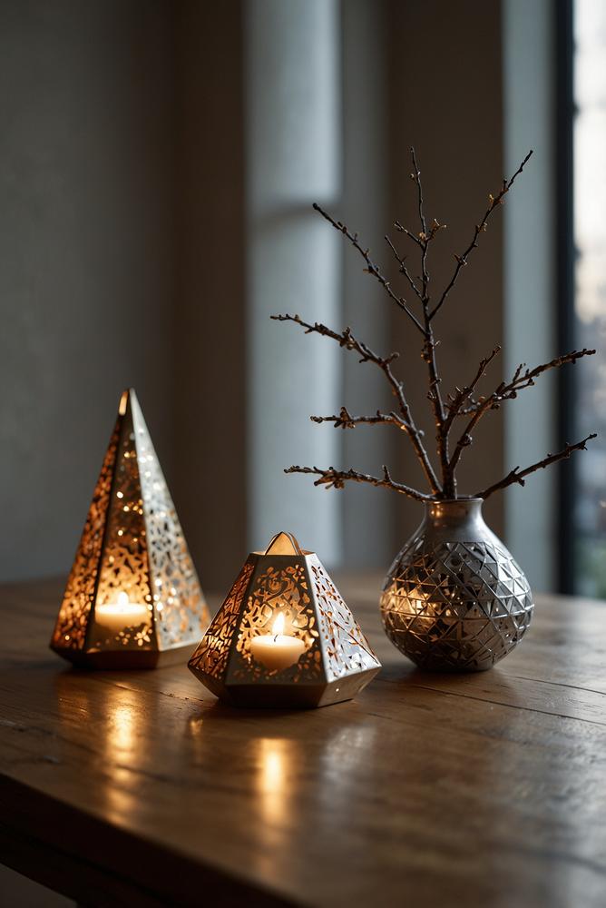 Moderne Weihnachtsdeko mit Metallakzenten auf Fensterbank