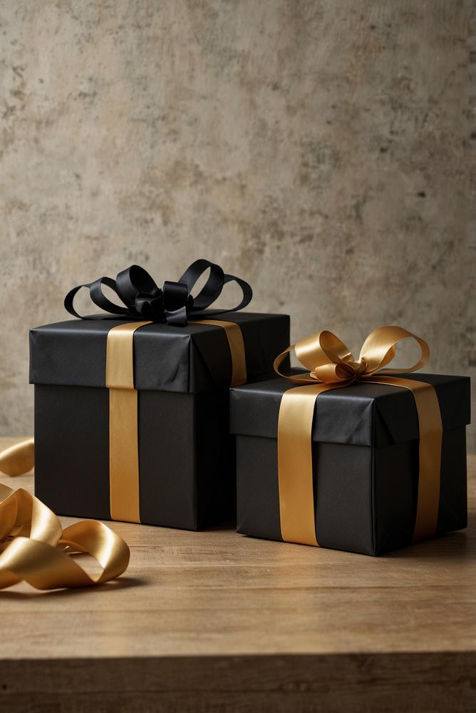 Schwarz-goldene Weihnachtsgeschenke elegant verpackt