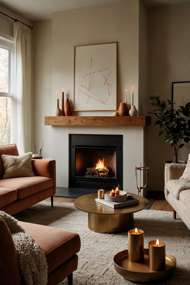 Moderner Kamin mit geometrischer Adventsdeko hell gestaltet