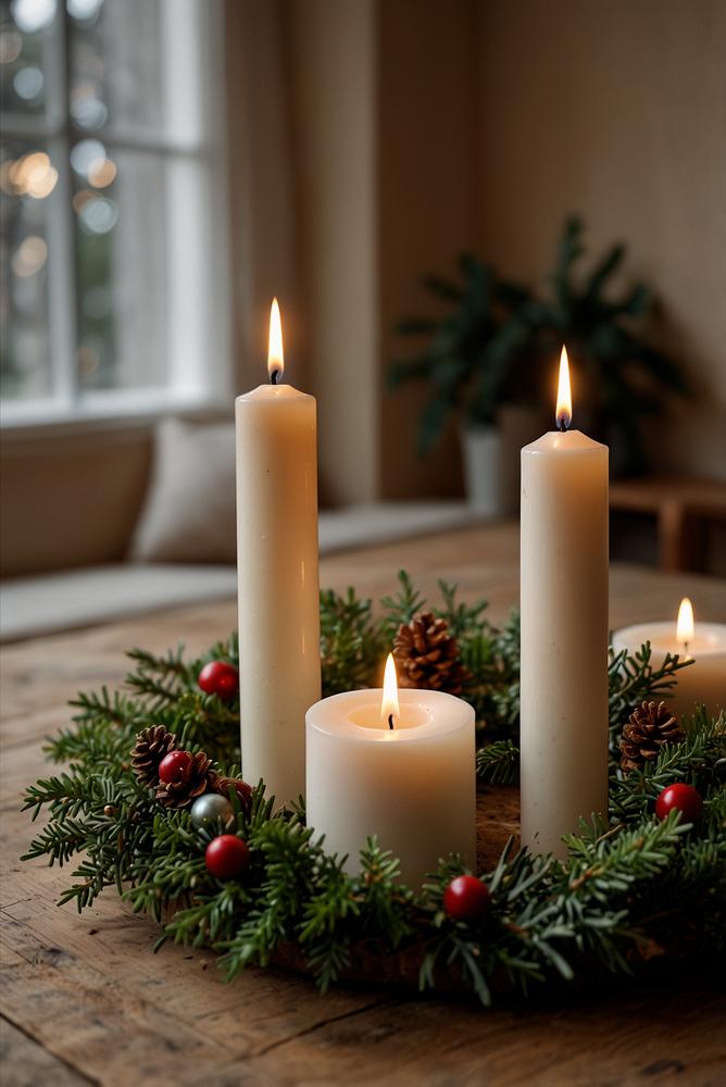 Adventskranz aus Keramikringen mit handgedrehten Kerzen hell und einladend