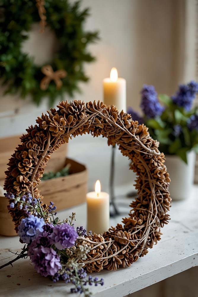 Helle Adventsdeko mit Trockenblumen am Metallring