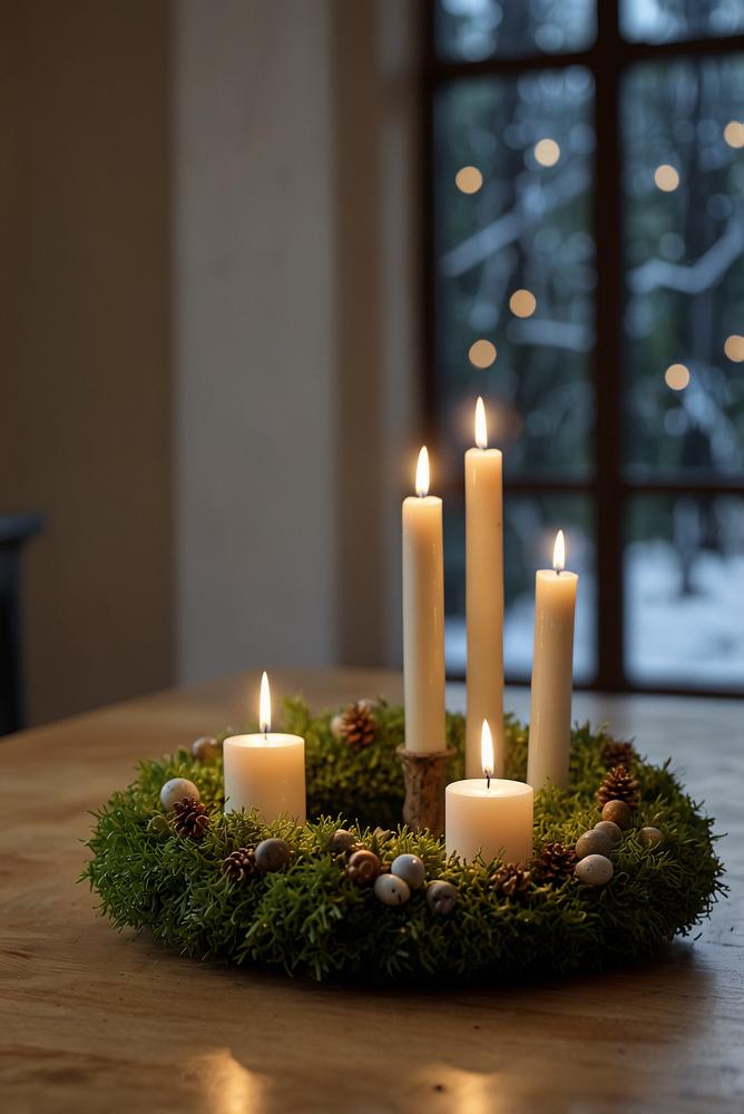 Nachhaltiger Adventskranz aus Flusssteinen, Moos und Holzkerzenhaltern