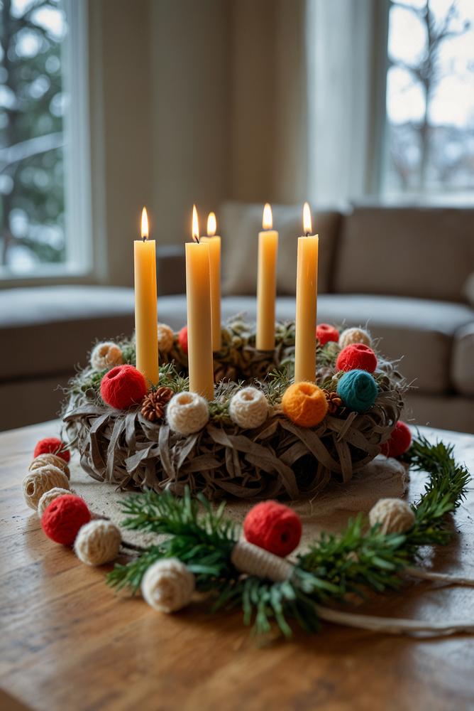 Nachhaltiger Adventskranz aus Filz und Wolle, hell und einladend