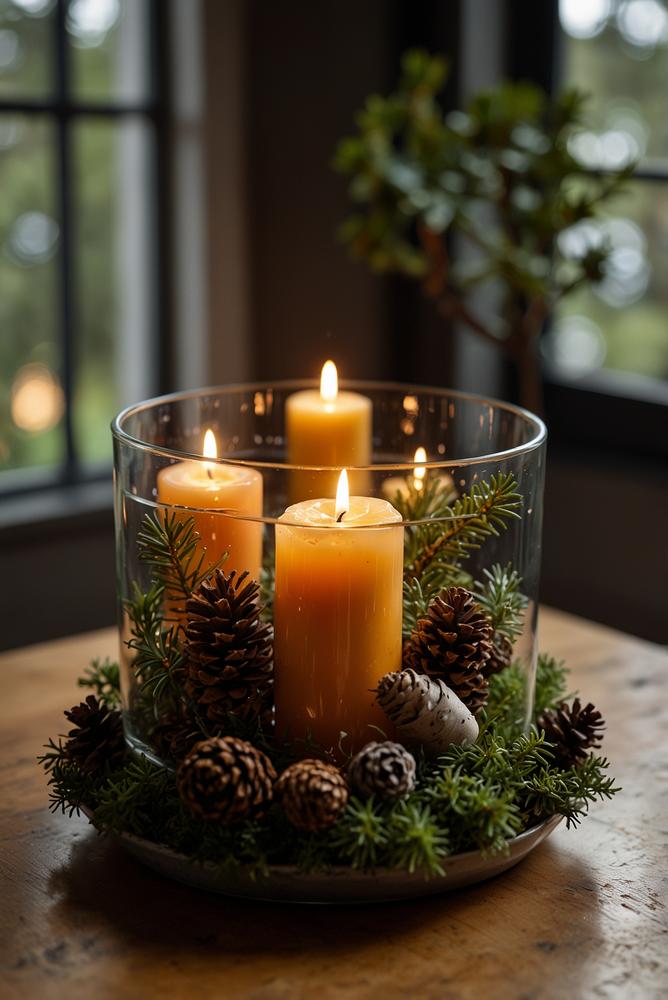 Adventskranz aus Glas und Naturmaterialien hell und einladend