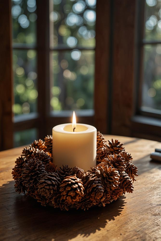 Adventskranz aus Kupferdraht mit Tannenzapfen und Kerzen