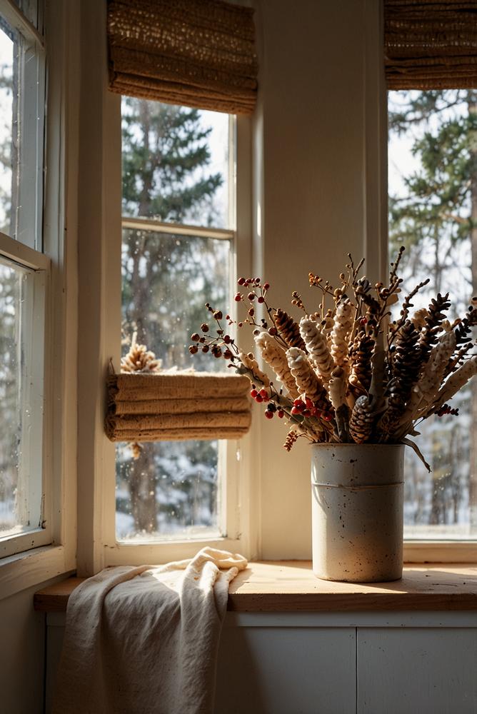 Adventsdeko mit Zapfen und Trockenblumen am Fenster