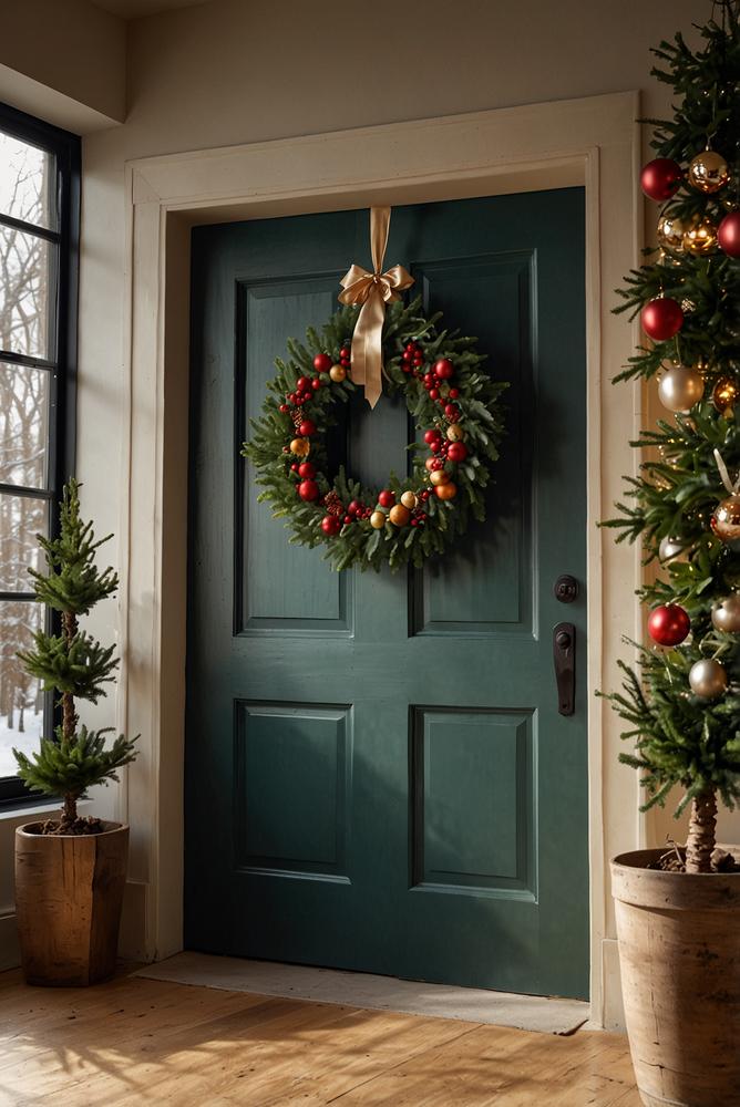 Natürlicher Weihnachts-Türkranz mit Tannengrün und Äpfeln