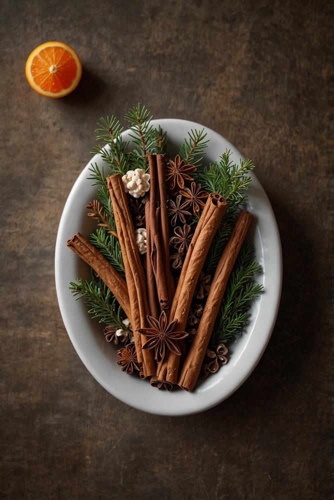 Weihnachtliches Tischarrangement mit Tannenzweigen und Vanillestangen