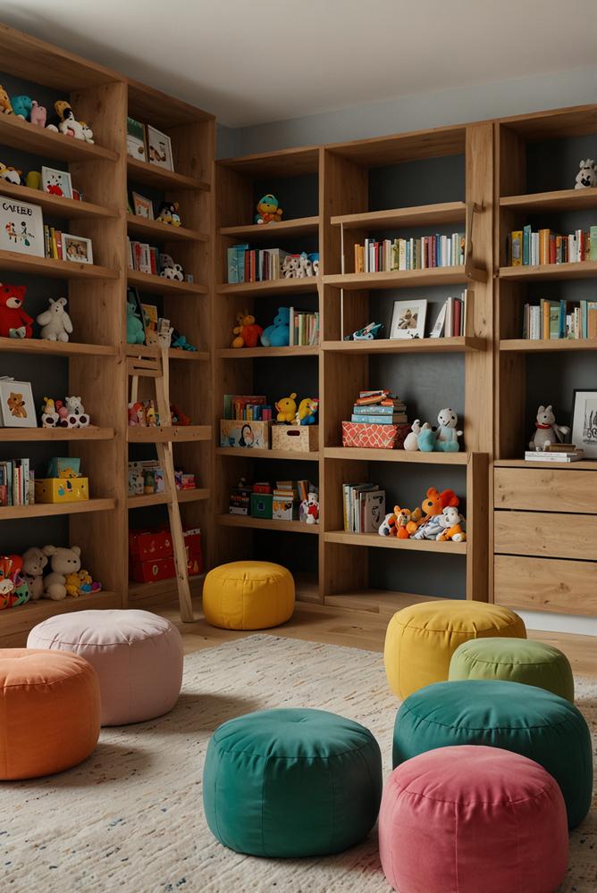 Niedrige offene Regale im hellen Kinderzimmer zur Aufbewahrung