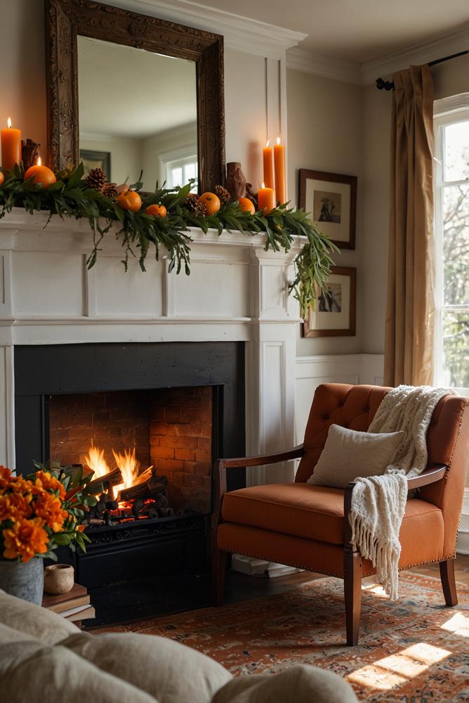 Orangen-Nelken-Girlande am Kamin in heller Weihnachtsstube