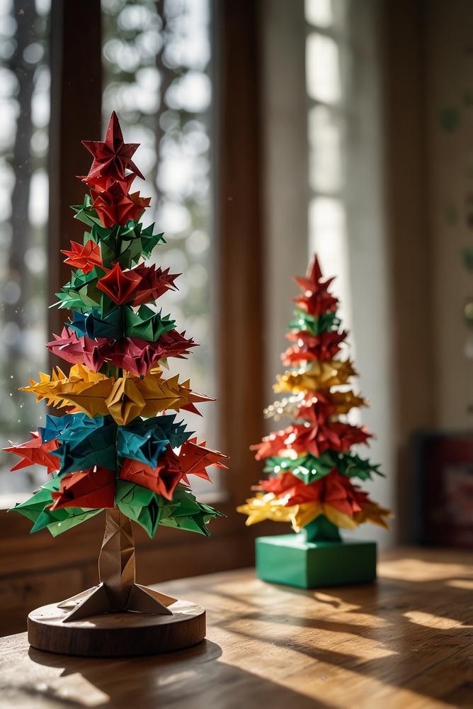 Origami-Papierbäumchen als helle Weihnachtsdeko