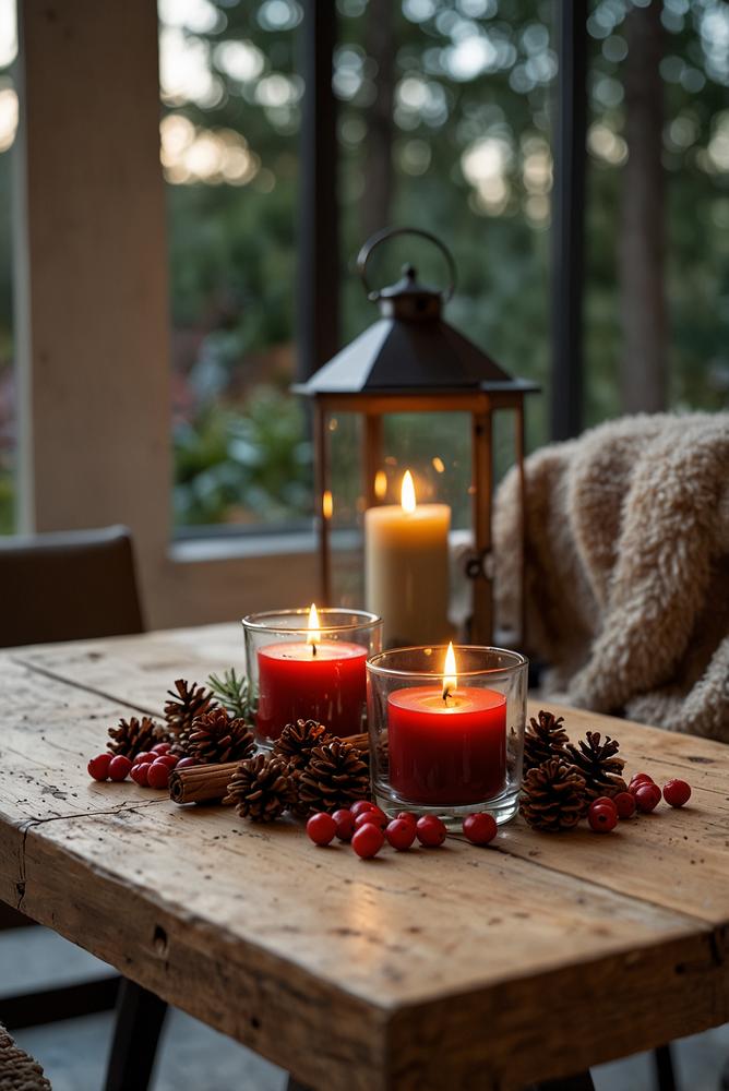 Outdoor-Tisch mit Windlichtern und Decken zu Weihnachten