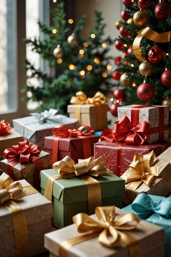 Helle Papierbaender und Schleifen zur Geschenkverzierung Weihnachten