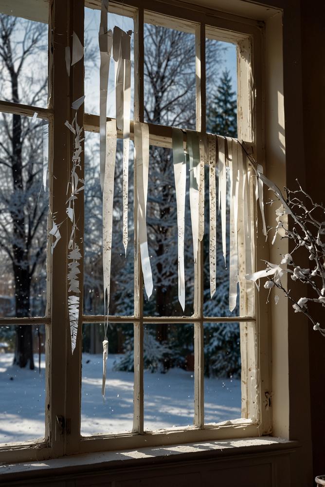 Papier-Eiszapfen-Mobile an hellem Fenster zur Weihnachtszeit