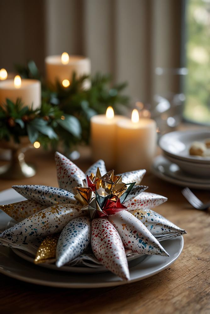 Festliche Papier-Serviettenringe in Sternenform auf Weihnachtstisch