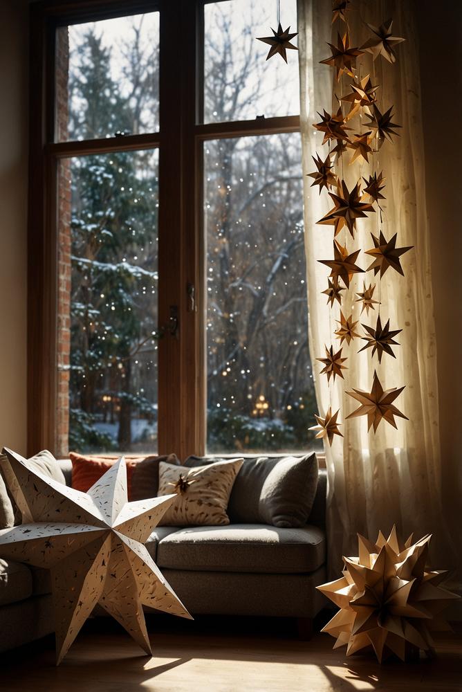 Papierstern-Girlande an Fenster in hellem Raum