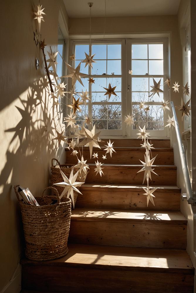Helles Treppenhaus mit festlichen Papiersternen im Fenster