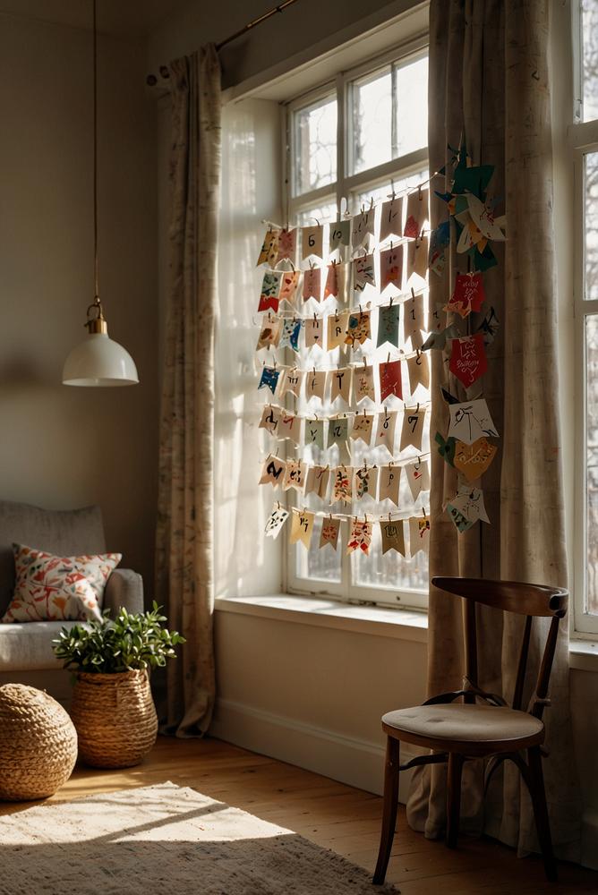 Heller Adventskalender aus bunten Papierumschlägen