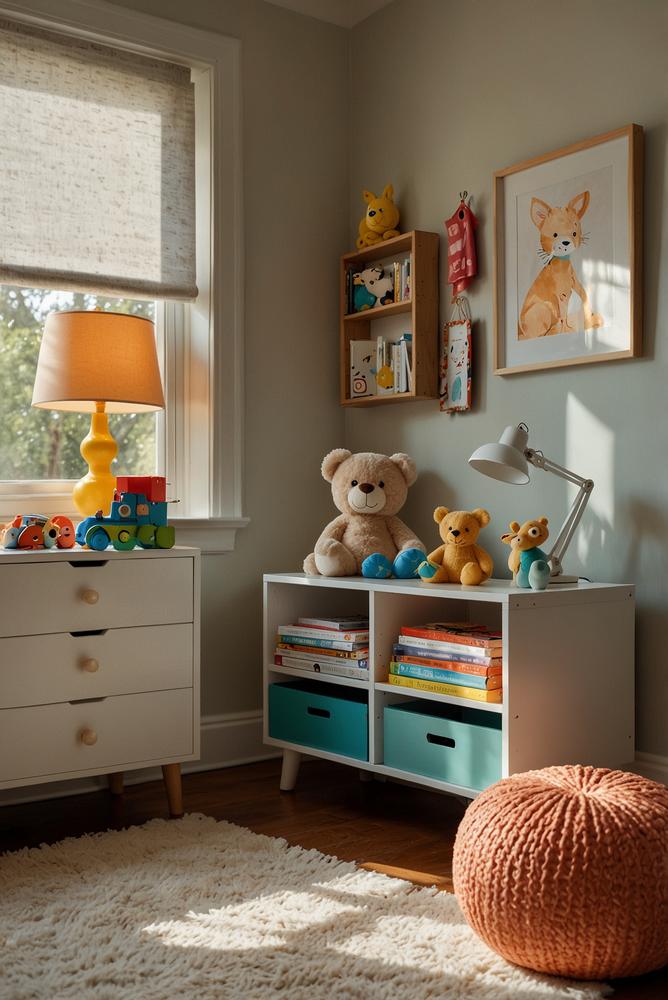 Rollbare Aufbewahrungsboxen im hellen Kinderzimmer