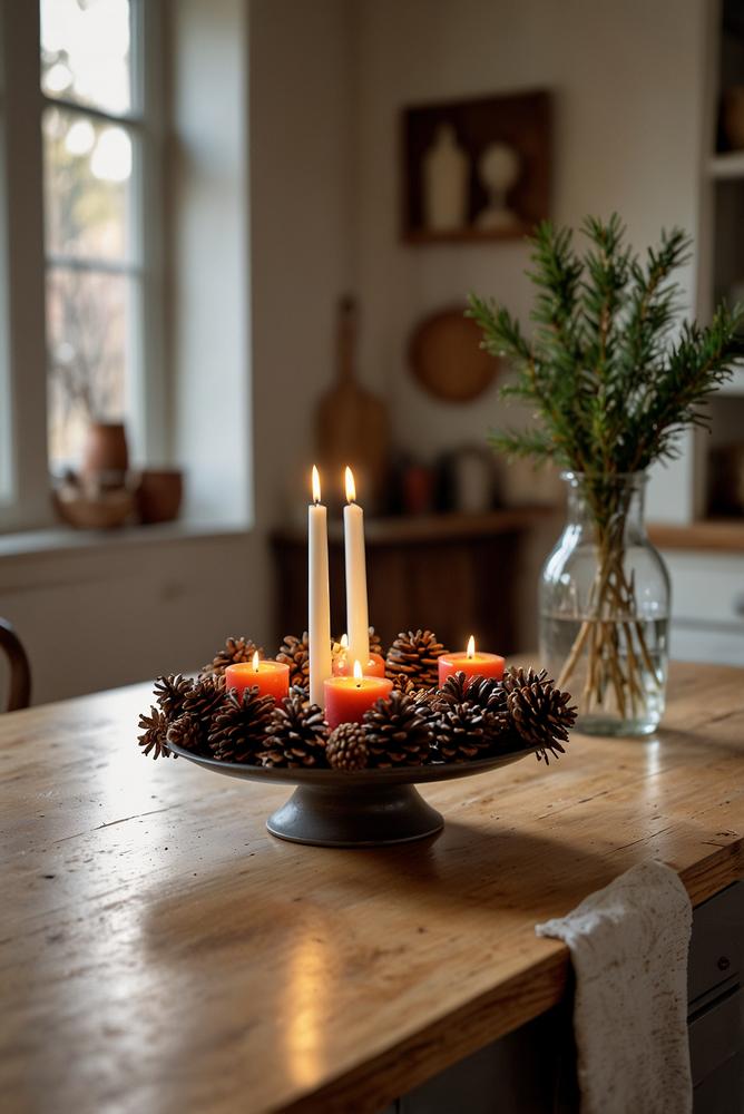 Rustikaler Adventskranz auf Küchenarbeitsplatte, weihnachtlich hell