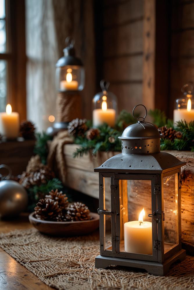 Rustikaler Holztisch mit Laternen und Tannenzapfen Weihnachtsdeko