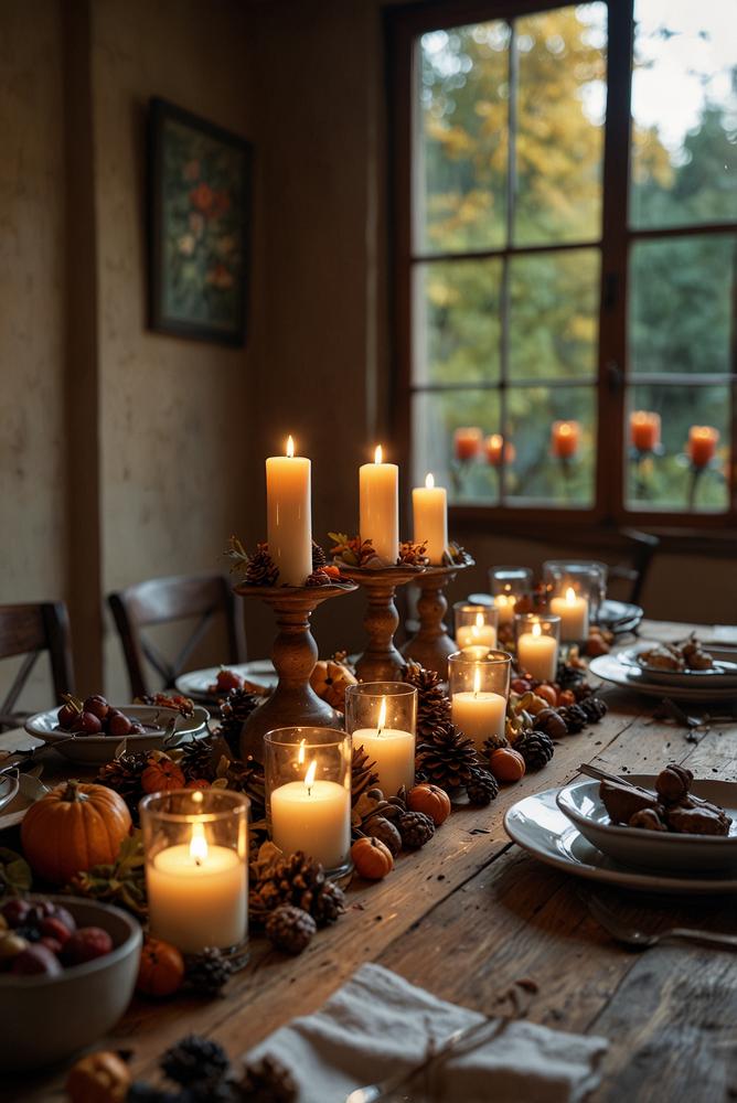 Rustikales Fondue- und Raclette-Setup mit herbstlicher Tischdeko