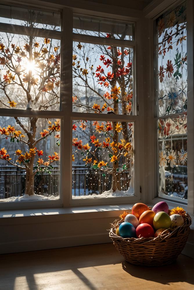 Helles Fenster mit saisonaler Fensterdeko und Lichtakzenten