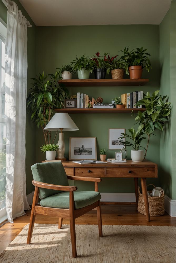 Homeoffice in sanften Grüntönen mit Pflanzen und Holz