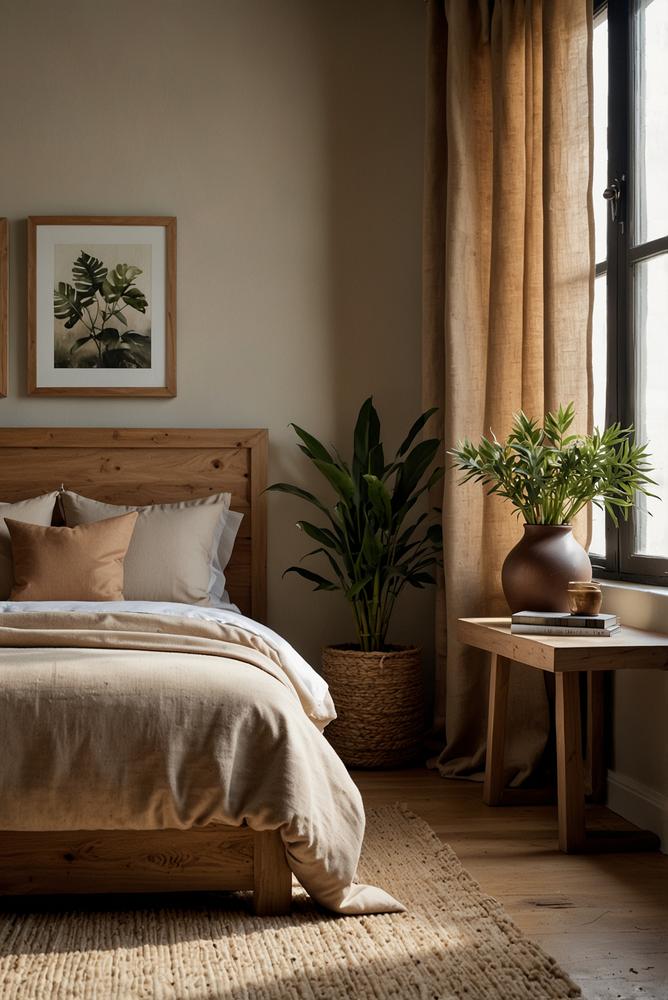 Helles Schlafzimmer mit natürlichen Materialien und Pflanzen