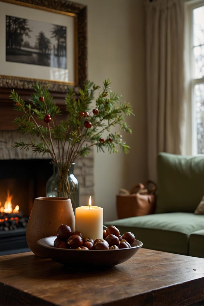 Schlichte Adventsdeko auf Kamin im Wohnzimmer, warm und einladend