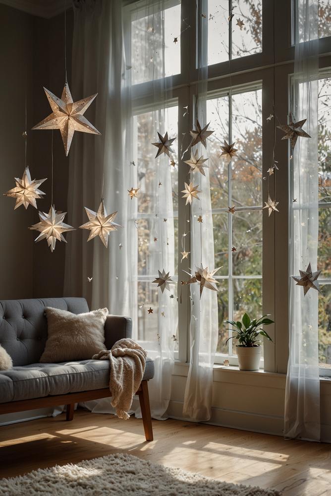 Wohnzimmer mit schlichten Fensterhängern und Papiersternen