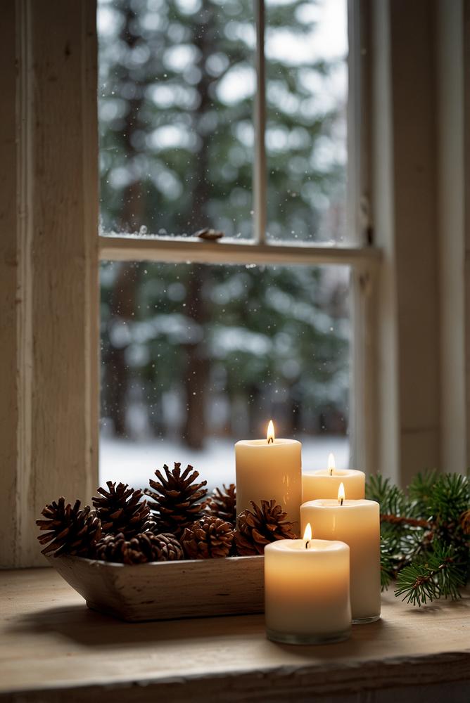 Helle LED-Kerzenreihe auf Fensterbank als Adventsdeko