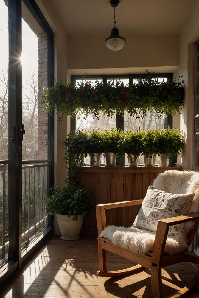 Schneefall-Lichterkette auf winterlichem Balkon mit Pflanzen