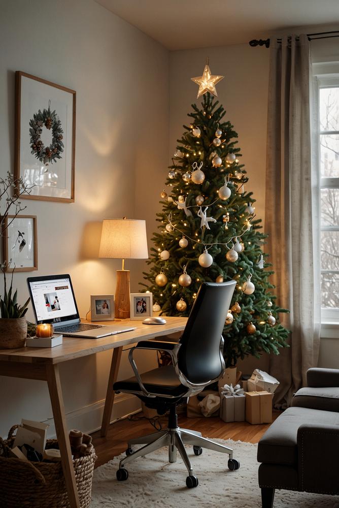 Helle und stilvolle Schreibtisch-Weihnachtsdeko fürs Home-Office