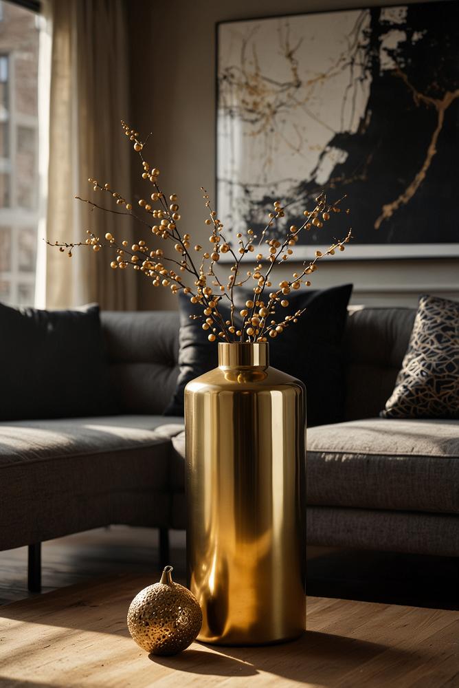 Wohnzimmer mit schwarzen Kissen und goldenen Paspeln zur Weihnachtsdeko