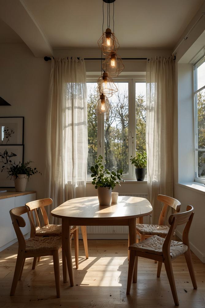 Helle skandinavische Essnische mit großem Holztisch