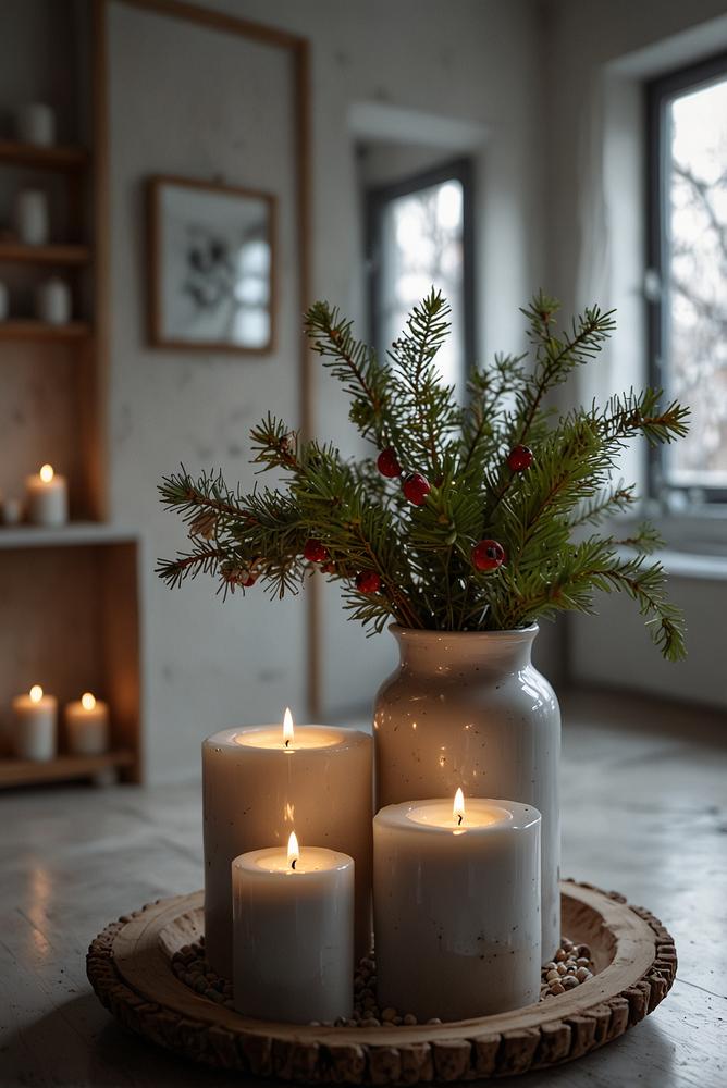 Helles skandinavisches Badezimmer mit weihnachtlicher Deko