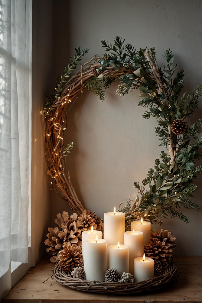 Heller skandinavischer Eingangsbereich mit Holzkranz zur Weihnachtszeit