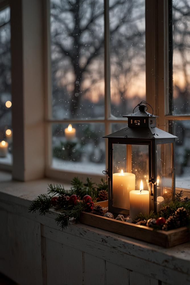 Skandinavische Weihnachtsdeko mit Kerzenschein am Fenster