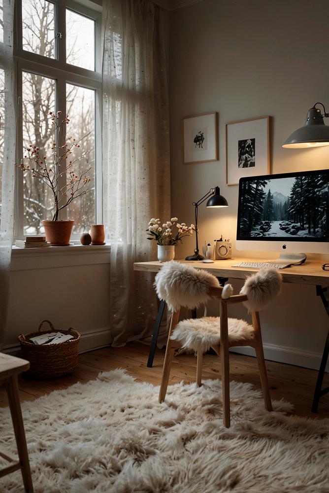 Helles skandinavisches Home-Office mit Weihnachtsdeko