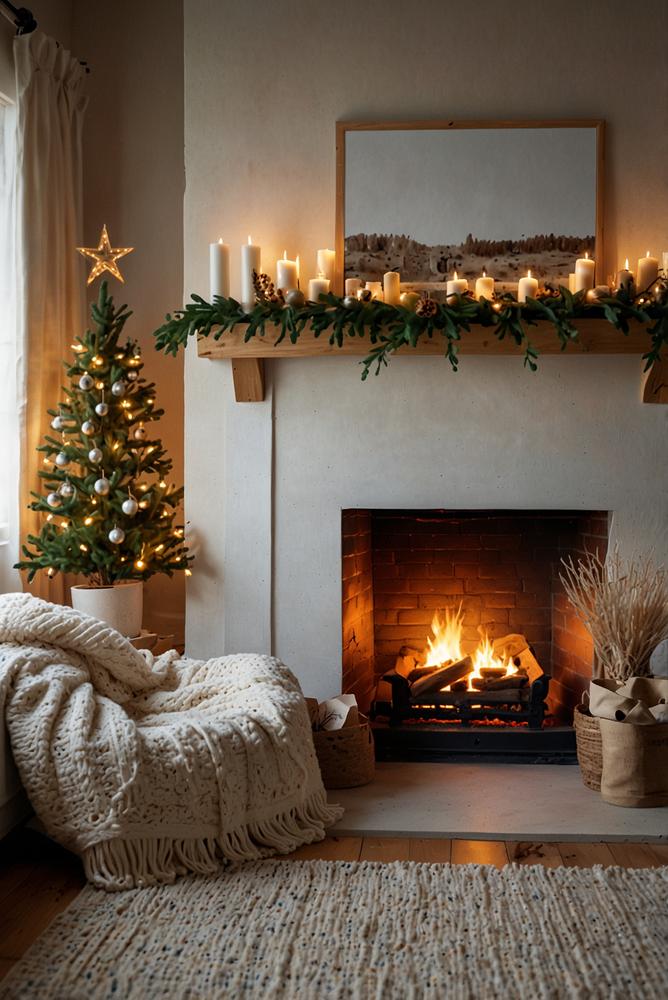 Skandinavische Weihnachtsdeko am Kamin mit zarten Lichterketten