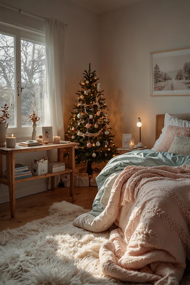Helle skandinavische Weihnachtsdeko im Kinderzimmer in Pastellfarben