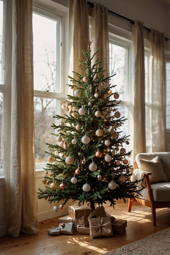 Minimalistischer skandinavischer Weihnachtsbaum im hellen Raum