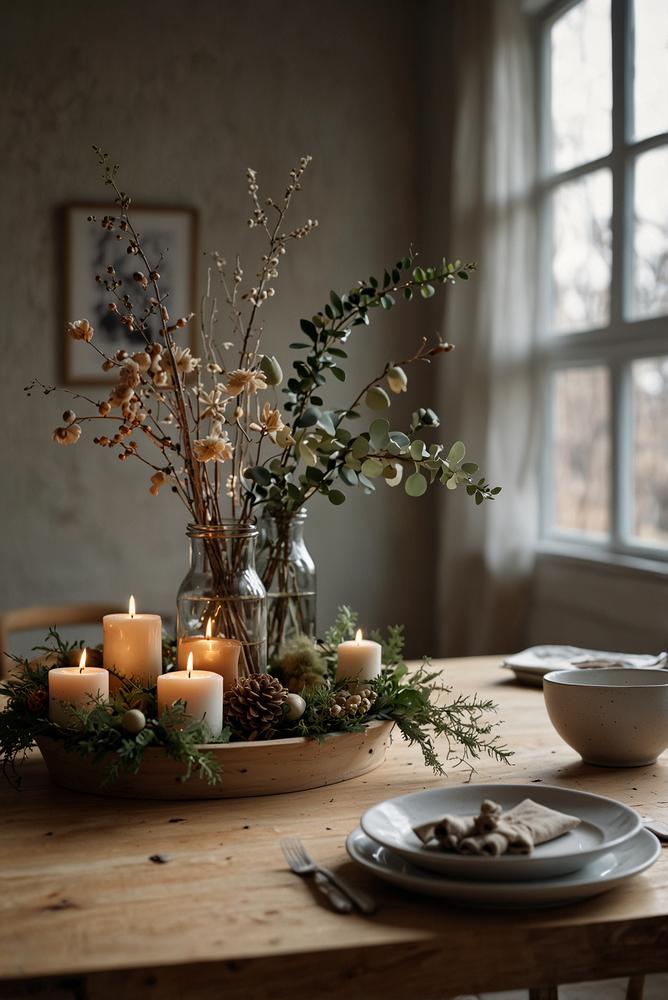 Helle skandinavische Weihnachtsdeko als natürliche Tischmitte