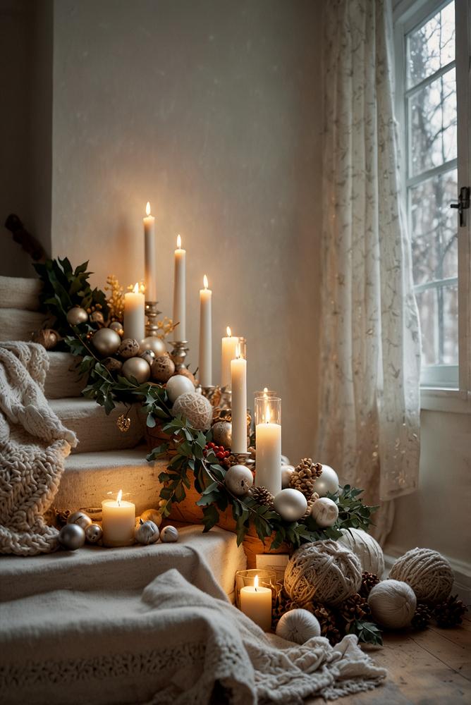 Helle und gemütliche skandinavische Weihnachtsdeko an Treppen