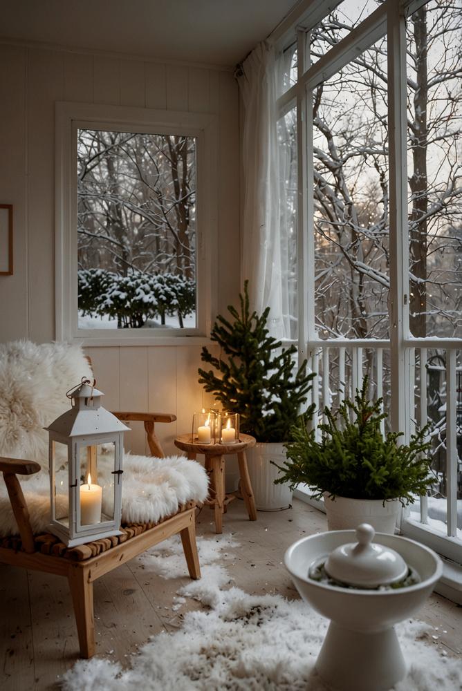 Skandinavische weiße Weihnachtsdeko auf Balkon und Terrasse