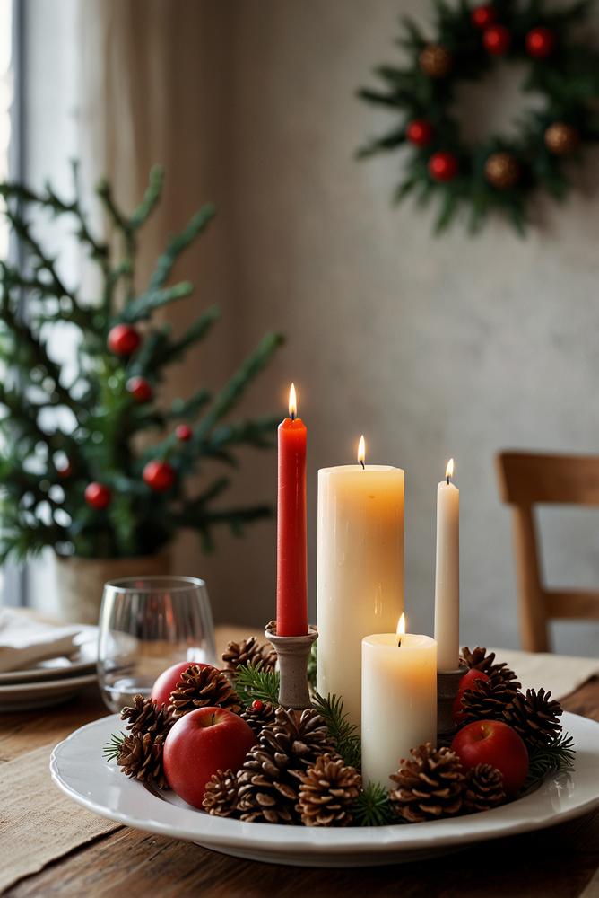 Skandinavische Weihnachtstischdeko mit Naturmaterialien in hellem Raum